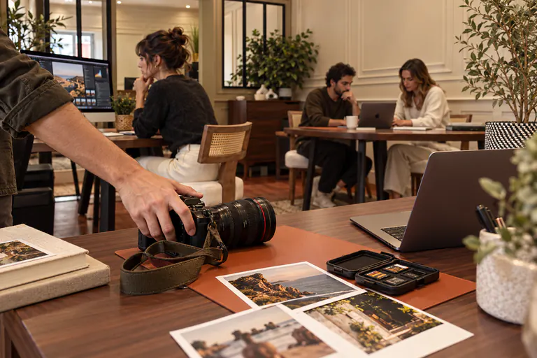 Appareil photo et tirages de photographies posés sur une table de travail