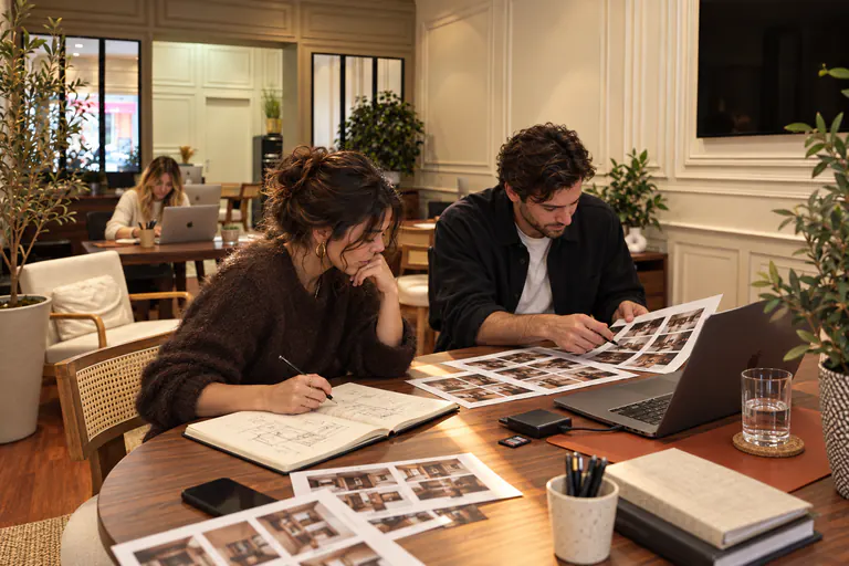 Une femme rédige des notes pendant qu'un collègue consulte des photos