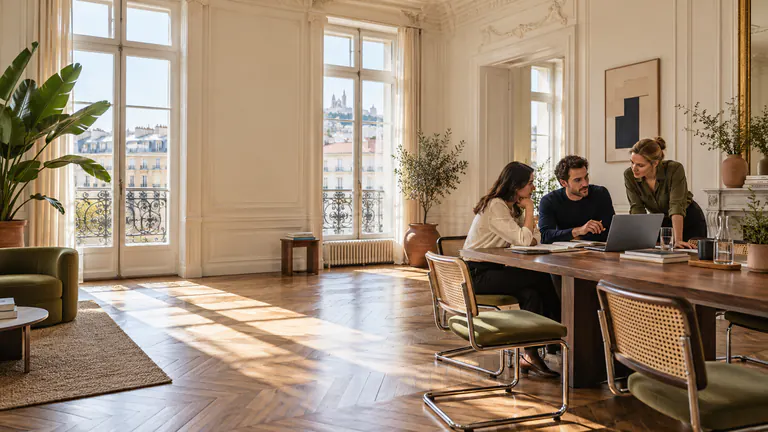Grand bureau haussmannien baigné de lumière, une équipe réunie autour d'une table