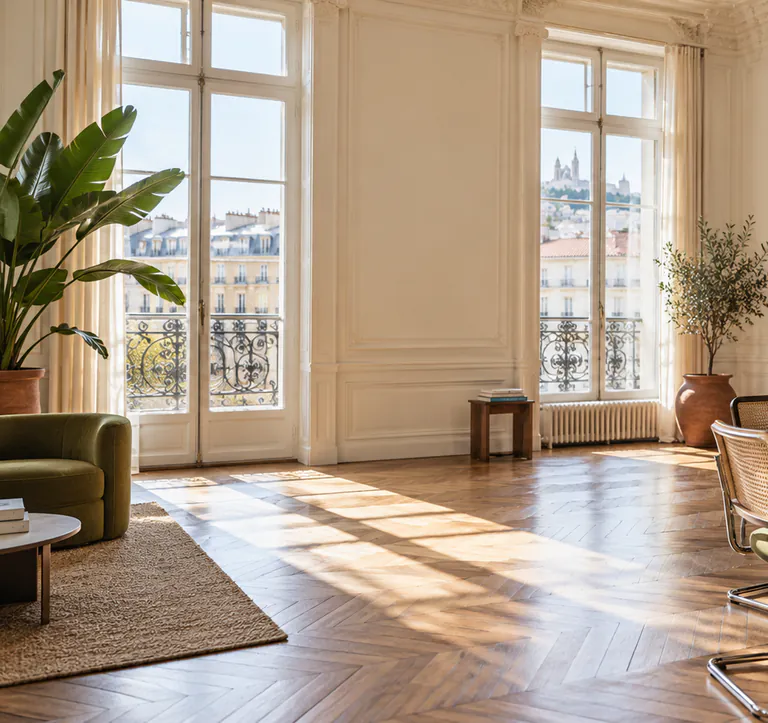 Bureau haussmannien vide baigné de lumière, parquet en point de Hongrie, plantes et fauteuil, vue sur Fourvière