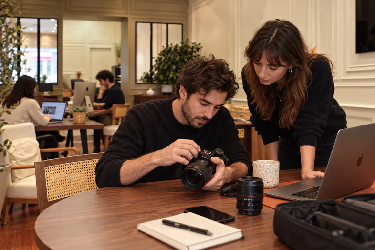 Un photographe montre les images de son appareil à une collègue penchée sur la table