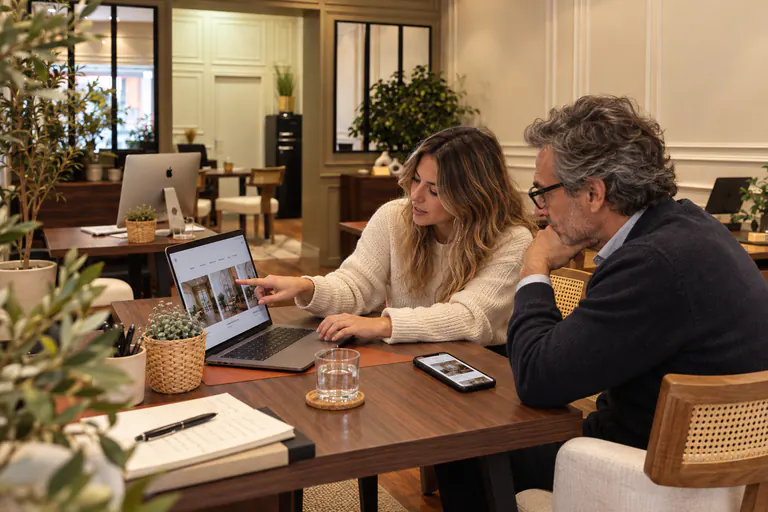 Une conseillère présente un ordinateur portable à un client