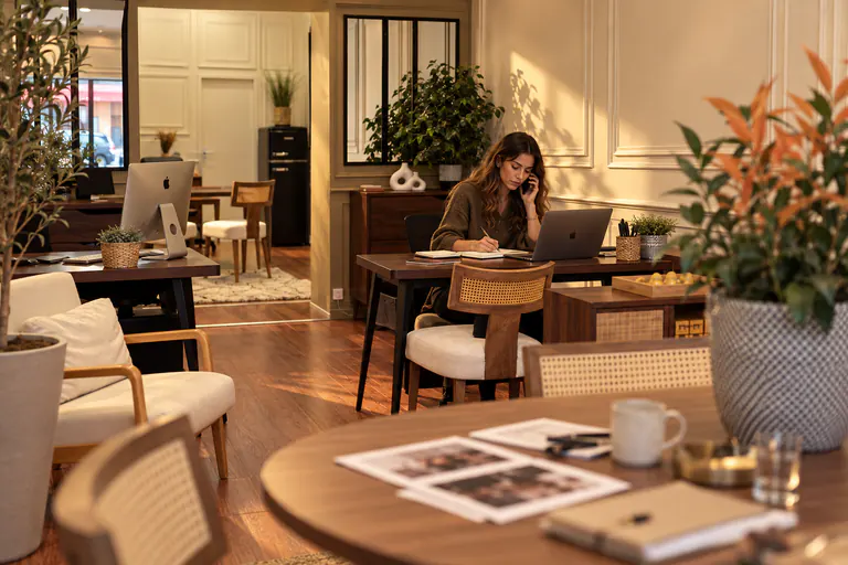 Espace de travail de l'agence avec des tirages photo au premier plan
