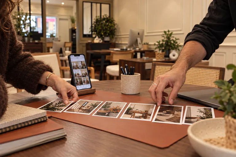 Des mains disposent des tirages photo en rang sur une table, un smartphone à côté