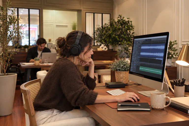 Monteuse avec un casque audio travaillant sur une vidéo sur grand écran