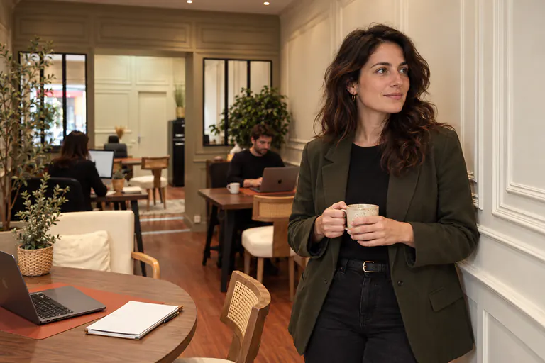 Femme debout, une tasse à la main, dans un bureau aux murs moulurés