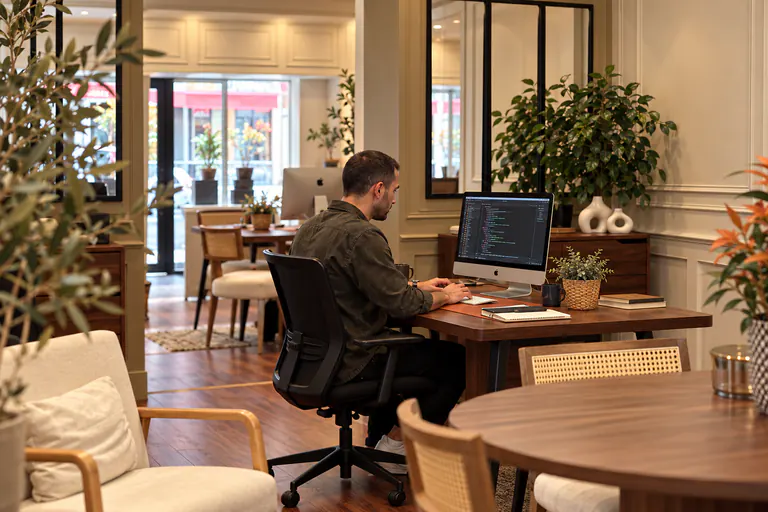 Un homme travaille seul sur un ordinateur dans un bureau