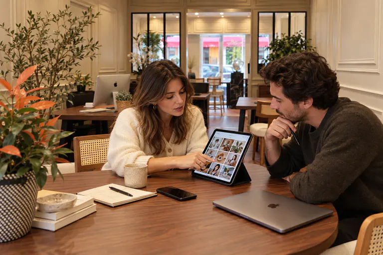 Une femme présente un projet sur tablette à un homme assis en face d'elle