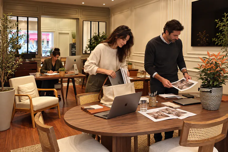 Deux personnes debout comparent des tirages photo autour d'une table