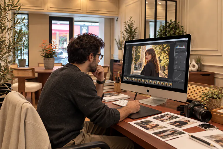 Retouche d'un portrait photographique sur un écran d'ordinateur