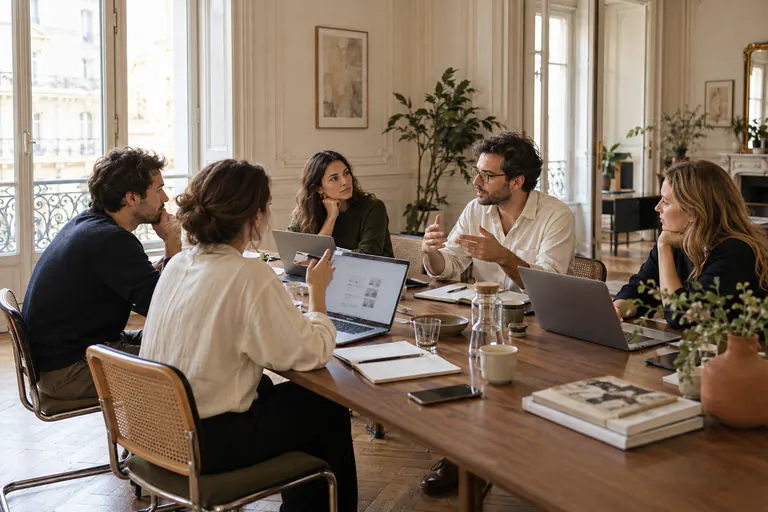 Réunion d'équipe autour d'une longue table dans un bureau lumineux