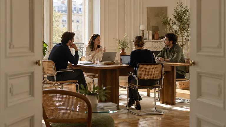 Réunion de travail aperçue à travers une porte ouverte, dans une salle à moulures