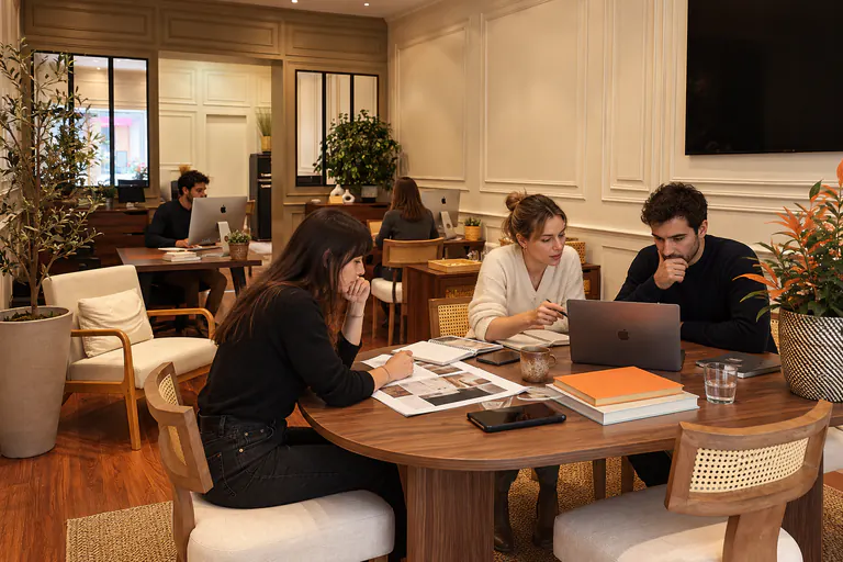 Quatre personnes réunies autour d'une table ronde dans un bureau chaleureux