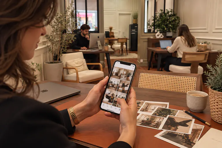 Main tenant un smartphone affichant une galerie de photos, au-dessus de tirages imprimés