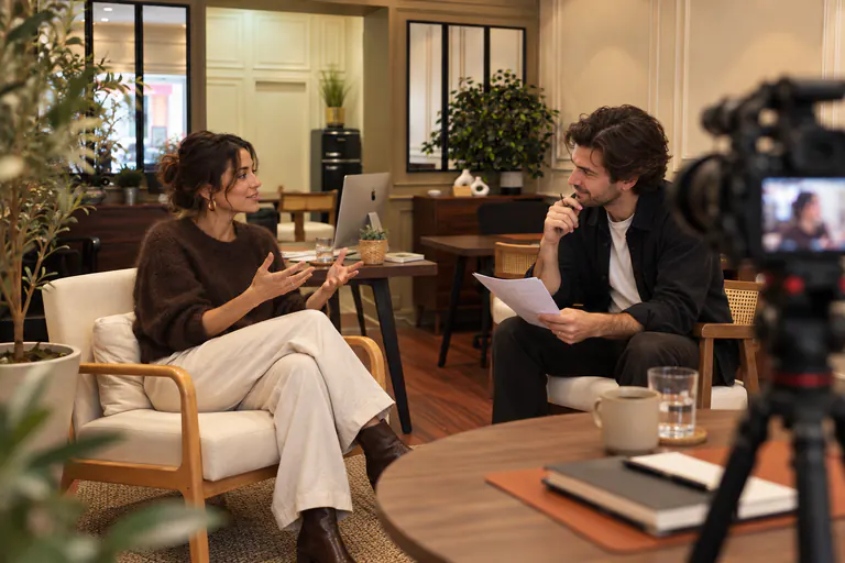 Tournage d'une interview à deux voix, la caméra au premier plan