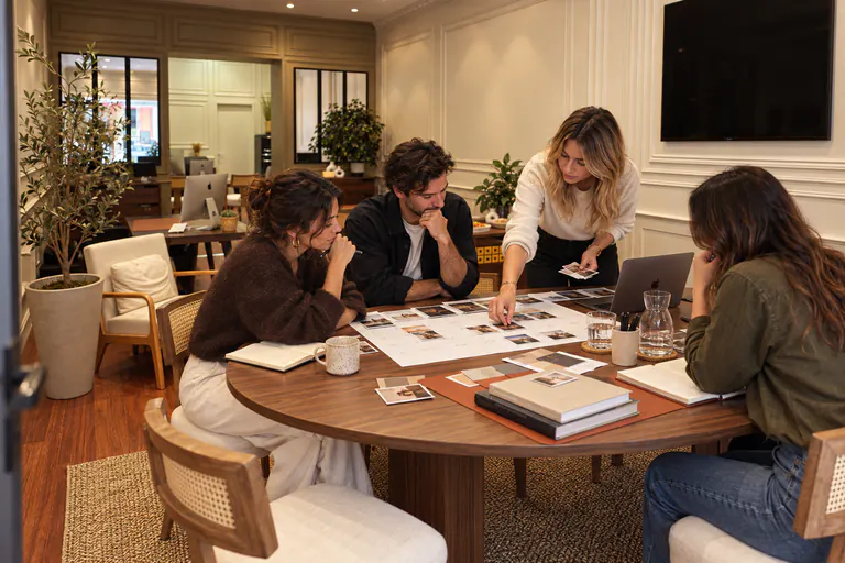Une équipe valide des visuels imprimés autour d'une table ronde