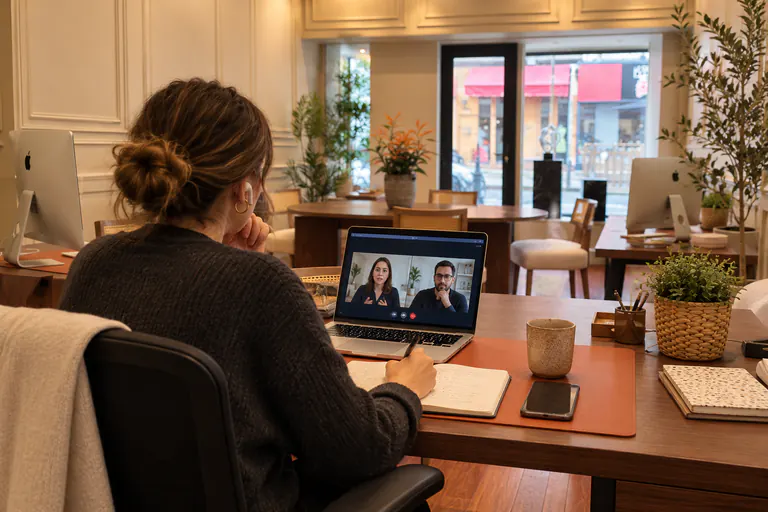 Une femme en visioconférence avec deux interlocuteurs sur son ordinateur