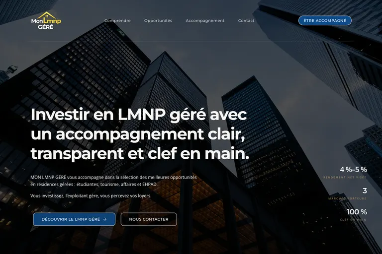 Page d'accueil du site Mon LMNP Géré, réalisé par Gentleview