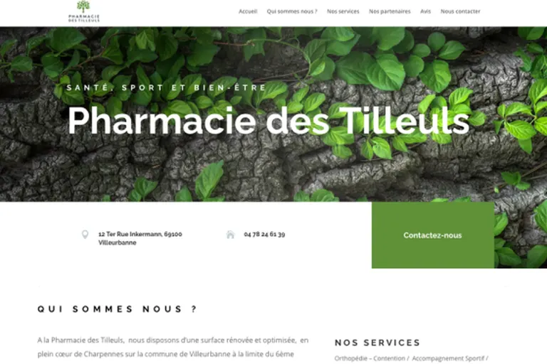 Page d'accueil du site Pharmacie des Tilleuls, réalisé par Gentleview