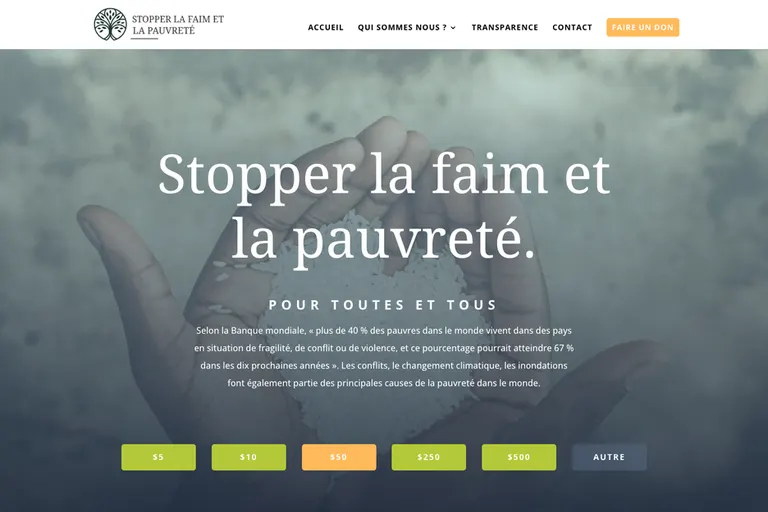 Page d'accueil du site Stopper la faim et la pauvreté, réalisé par Gentleview