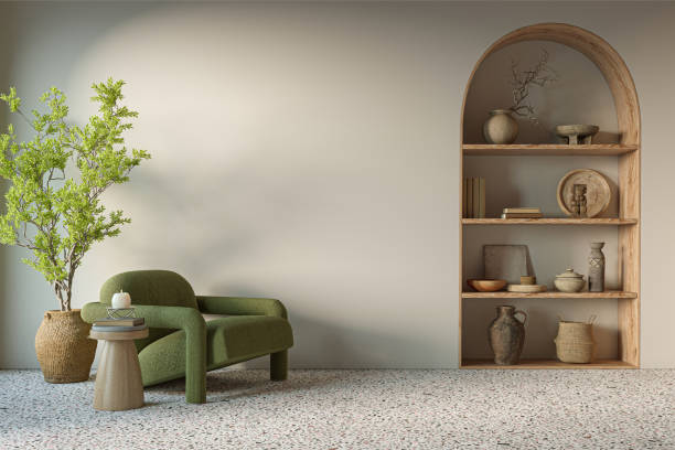 Minimalist interior design on arch wall background. Wall mockup concept agence web décorateur d’intérieur à Lyon