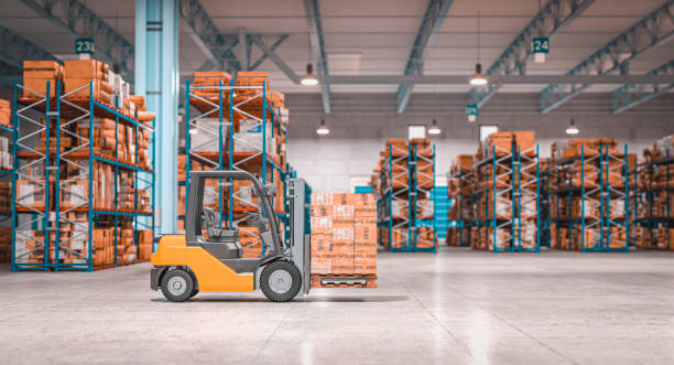 forklift with pallets inside a warehouse. 3d render agence web Transitaires Lyon
