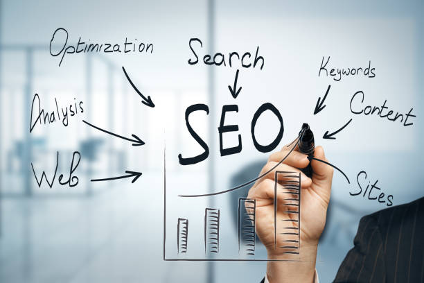 Male hand drawing SEO sketch on blurry interior background. Analysis concept Site internet photographe